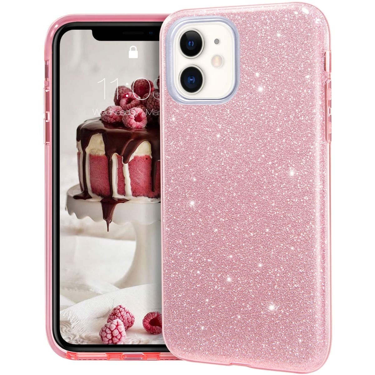 Husa protectie compatibila cu iPhone 11 ultra slim din silicon, cu 3 straturi protective, Fashion, cu sclipici Glitter, Roz