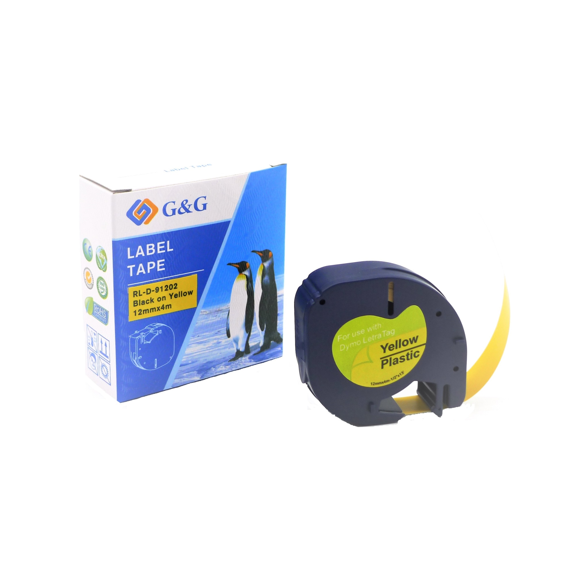 Banda Etichete G&G compatibil cu Dymo DY91202 / S0721620 (LT-100H), 12mm x 4m, black on yellow