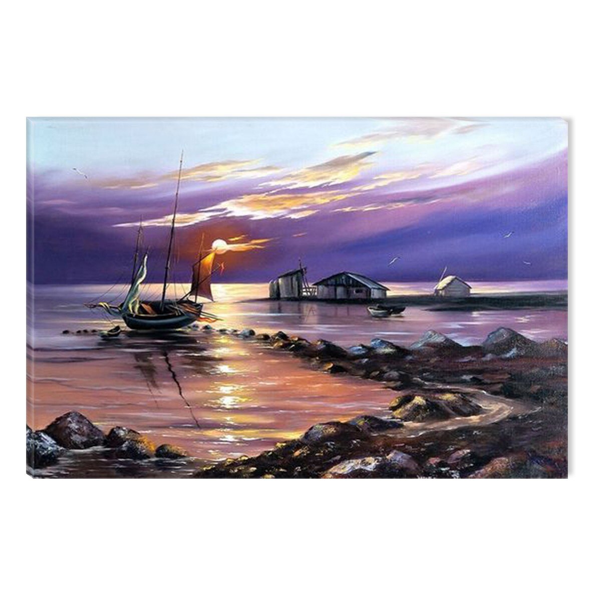 Tablou DualView Startonight Barca cu panze la malul apei, luminos in intuneric, 80 x 120 cm
