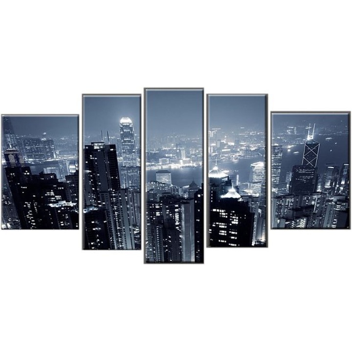 Set Tablou DualView Startonight Hong Kong, 5 piese, luminos in intuneric, 90 x 180 cm (1 piesa 30 x 90 cm, 2 piese 30 x 80 cm, 2 piese 40 x 60 cm)