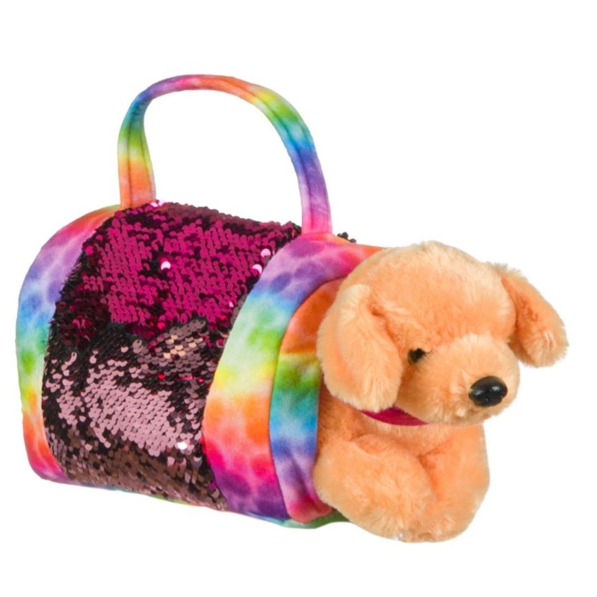 Catelus de plus crem, Zola®, in gentuta cu paiete, 21x11x17 cm