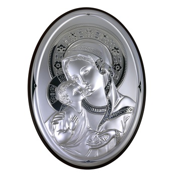 Icoana placata cu argint - Maria cu pruncul Iisus, varianta flori roz - Oval, finisaj alun, 8x6 cm, 1/5 Icoana placata cu argint - Maria cu pruncul Iisus, varianta flori roz - Oval, finisaj alun, 8x6 cm, 1/5