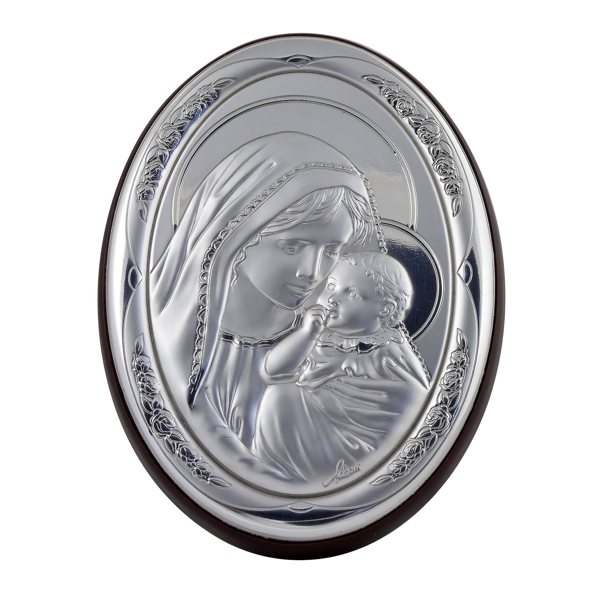 Icoana placata cu argint - Maria cu pruncul Iisus, varianta ghirlanda - Oval, finisaj alun, 8x6 cm, 1/5