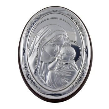 Icoana placata cu argint - Maria cu pruncul Iisus, varianta ghirlanda - Oval, finisaj alun, 8x6 cm, 1/5 Icoana placata cu argint - Maria cu pruncul Iisus, varianta ghirlanda - Oval, finisaj alun, 8x6 cm, 1/5