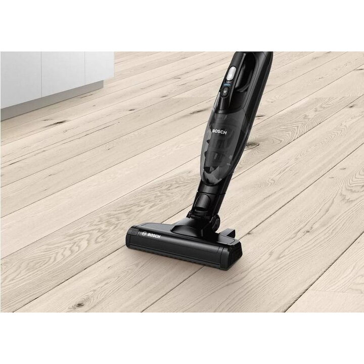 Aspirator vertical Bosch Readyy`y BBHF220, 0.4 L, 18 V, 2 trepte de putere, Acumulator Li-Ion, Filtru lavabil, Perie EasyClean, Autonomie 40 min, 43 kWh/an, Negru