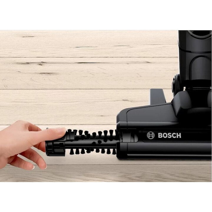 Aspirator vertical Bosch Readyy`y BBHF220, 0.4 L, 18 V, 2 trepte de putere, Acumulator Li-Ion, Filtru lavabil, Perie EasyClean, Autonomie 40 min, 43 kWh/an, Negru