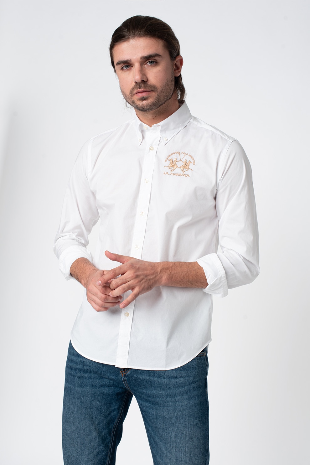 LA MARTINA, Camasa regular fit cu logo brodat, Alb