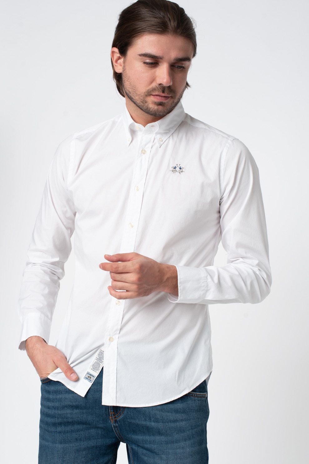 LA MARTINA, Camasa slim fit cu guler fixat cu nasturi, Alb