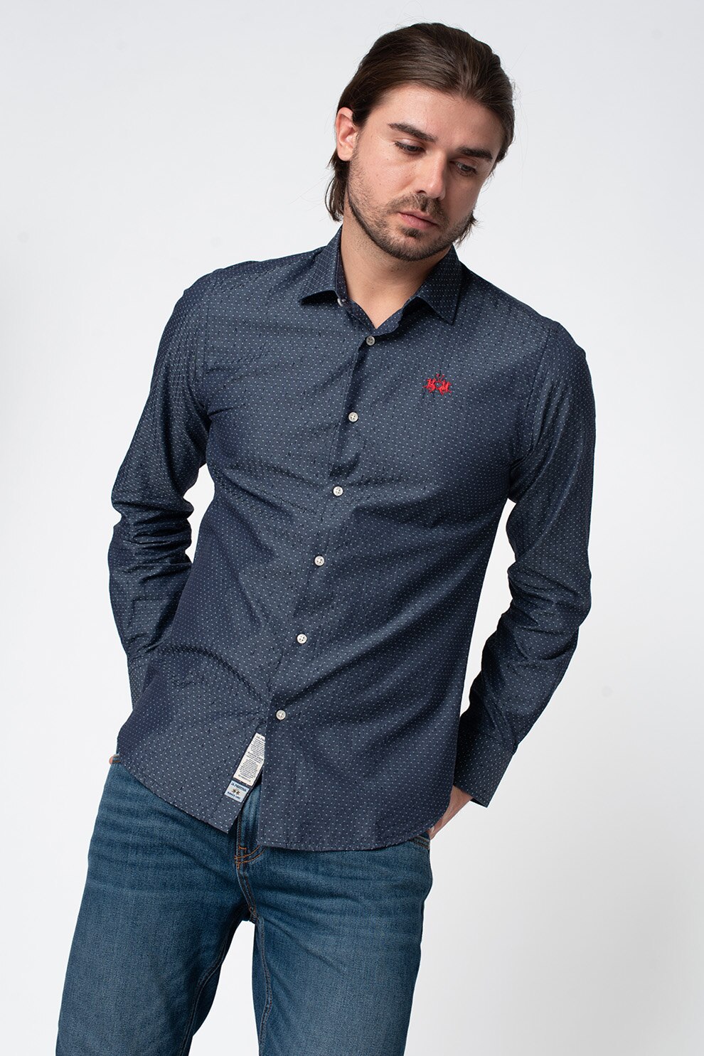 LA MARTINA, Camasa slim fit cu buline, Bleumarin inchis/Bleu, L