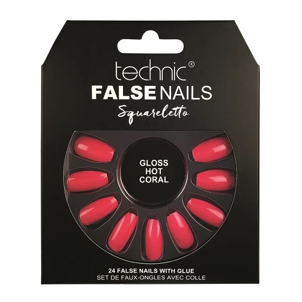 Set 24 Unghii False cu adeziv inclus Technic False Nails, Squareletto, Gloss Hot Coral