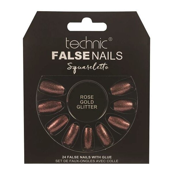Set 24 Unghii False cu adeziv inclus Technic False Nails, Squareletto, Rose Gold Glitter