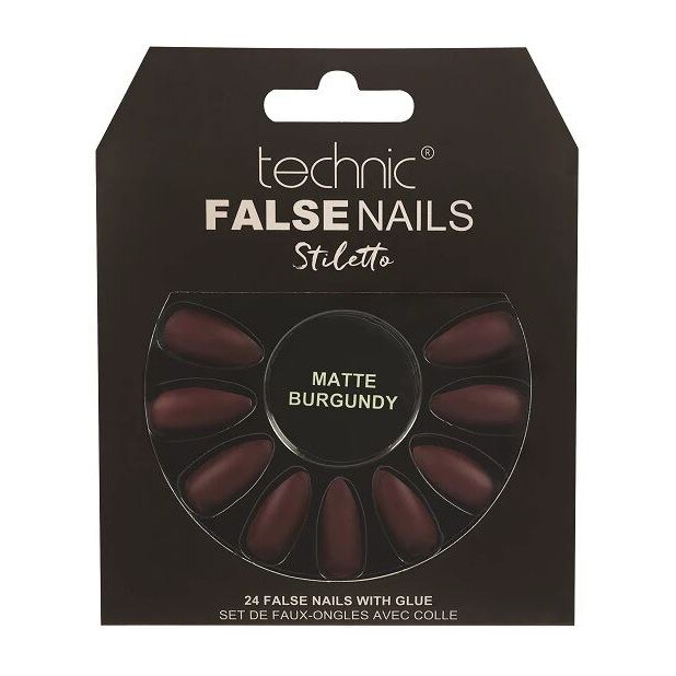 Set 24 Unghii False cu adeziv inclus Technic False Nails, Stiletto, Matte Burgundy