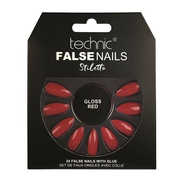 Set 24 Unghii False cu adeziv inclus Technic False Nails, Stiletto, Gloss Red