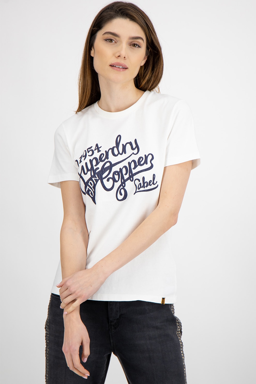 SUPERDRY, Tricou cu imprimeu si decolteu la baza gatului, Crem, L