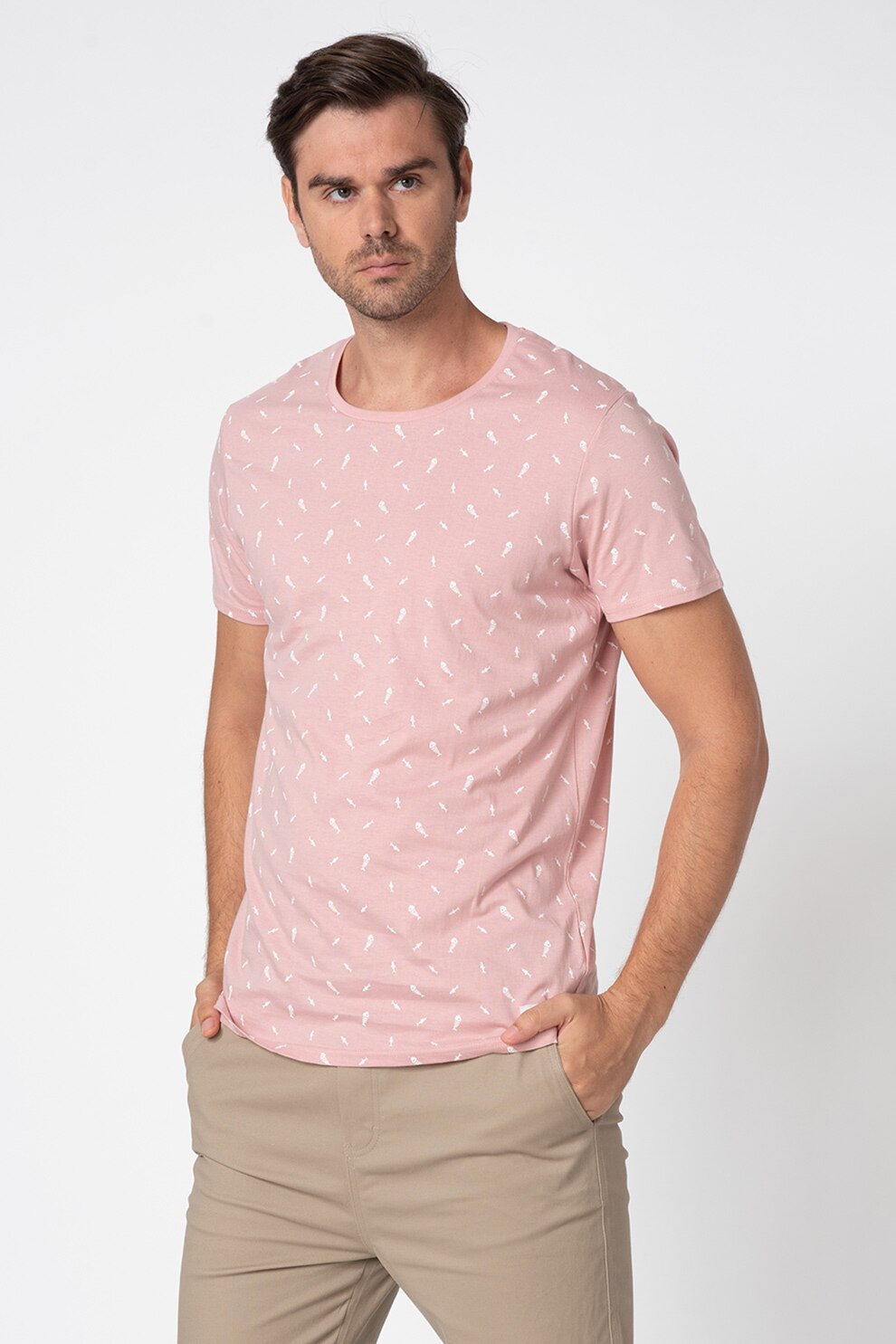 Haily’s, Tricou cu decolteu la baza gatului si model Marc, Roz pastel, XL