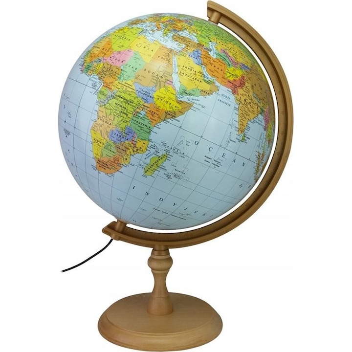 Глобус PROCART, 32 см, Светлина, Политическа и физическа карта, Дървена стойка, Часови зони