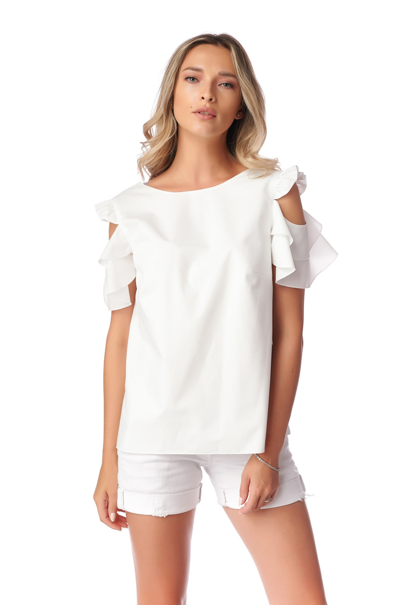 Bluza Fashion Loft, din bumbac, spate gol, cu volane, Alb