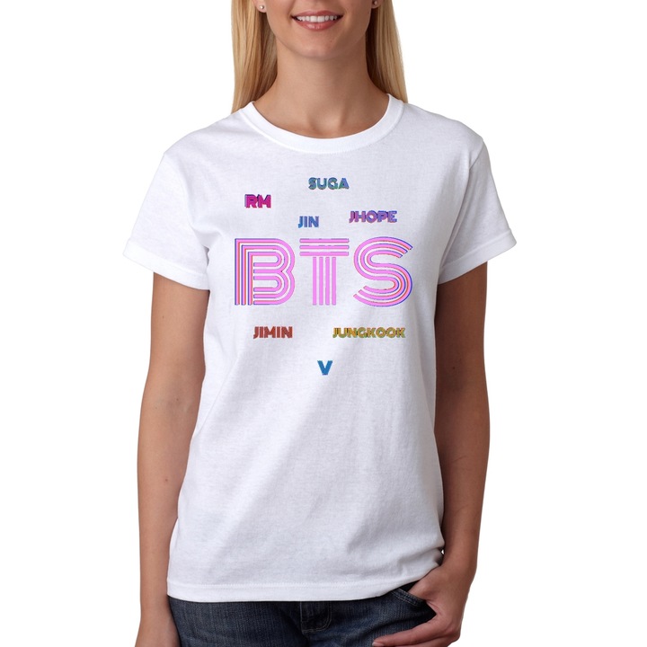 Tricou dama bts members names, Bumbac, Alb, L EU