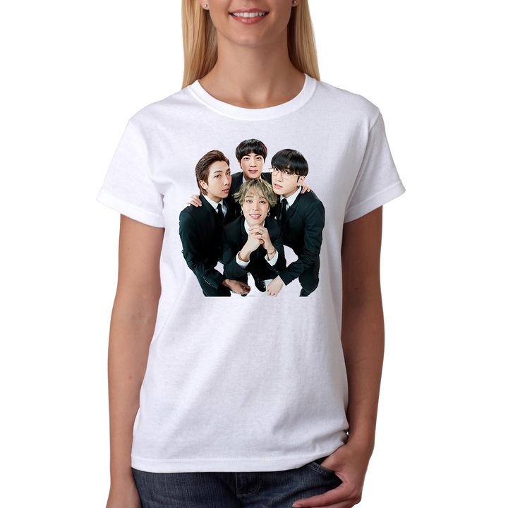 Tricou dama bts members, Bumbac, Alb, XL EU