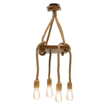 Lustra Cojom Board cu 4 becuri E27, din lemn si franghie, maro antic Lustra Cojom Board cu 4 becuri E27, din lemn si franghie, maro antic