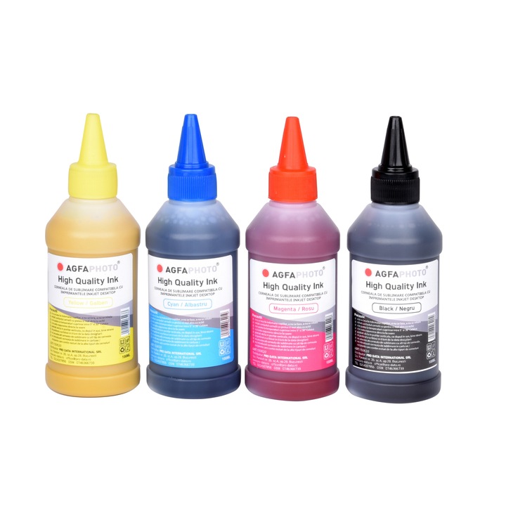 Set de 4 culori cerneala de sublimare Agfa Photo in flacoane de cate 100ml black cyan magenta yellow (negru albastru rosu galben)