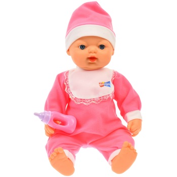 Bebelus de jucarie, Belinda, cu biberon, pentru copii, alb-roz - 68013A Bebelus de jucarie, Belinda, cu biberon, pentru copii, alb-roz - 68013A