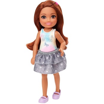 Papusa Barbie Chelsea Club par saten, tricou model unicorn, 14 cm Papusa Barbie Chelsea Club par saten, tricou model unicorn, 14 cm