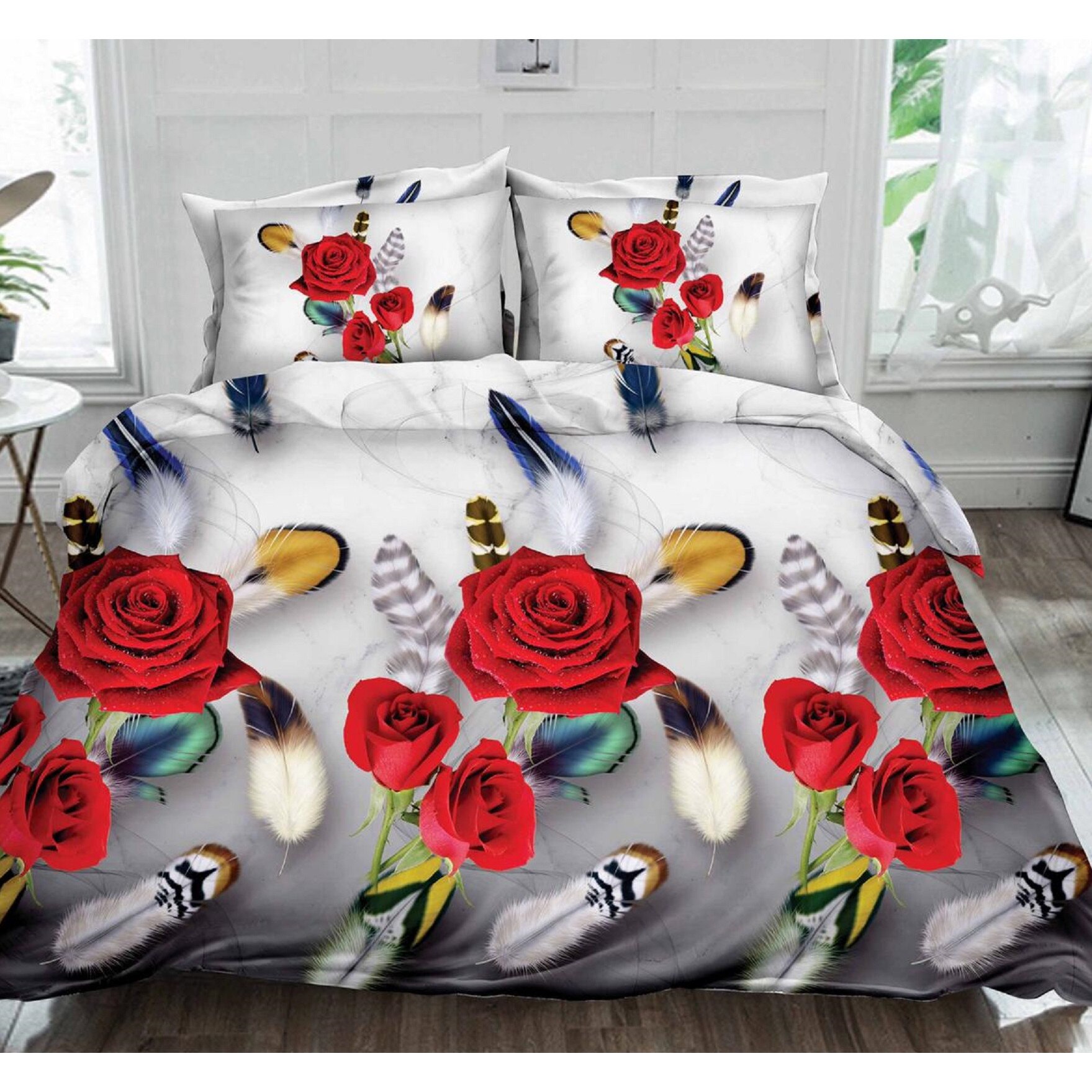 Lenjerie de pat 3D, bumbac satinat, 4 piese, 2 persoane, flori, JN1020