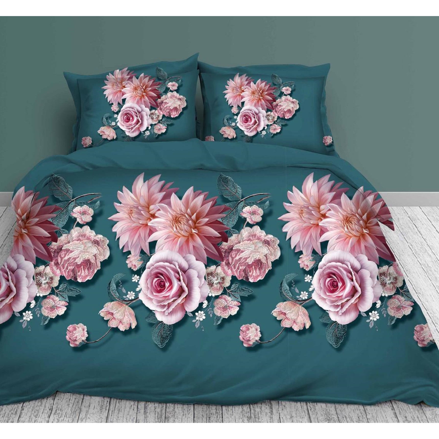 Lenjerie de pat 3D, bumbac satinat, 4 piese, 2 persoane, flori, JN1019