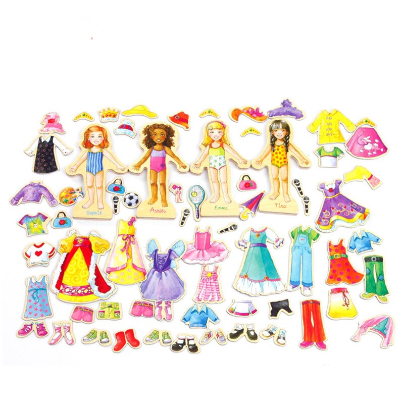 Puzzle magnetic, Imbraca Papusile, 67 piese, din lemn, Unitoys