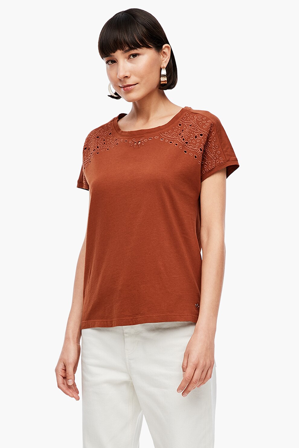 s.Oliver, Tricou cu broderie Sangallo, Maro