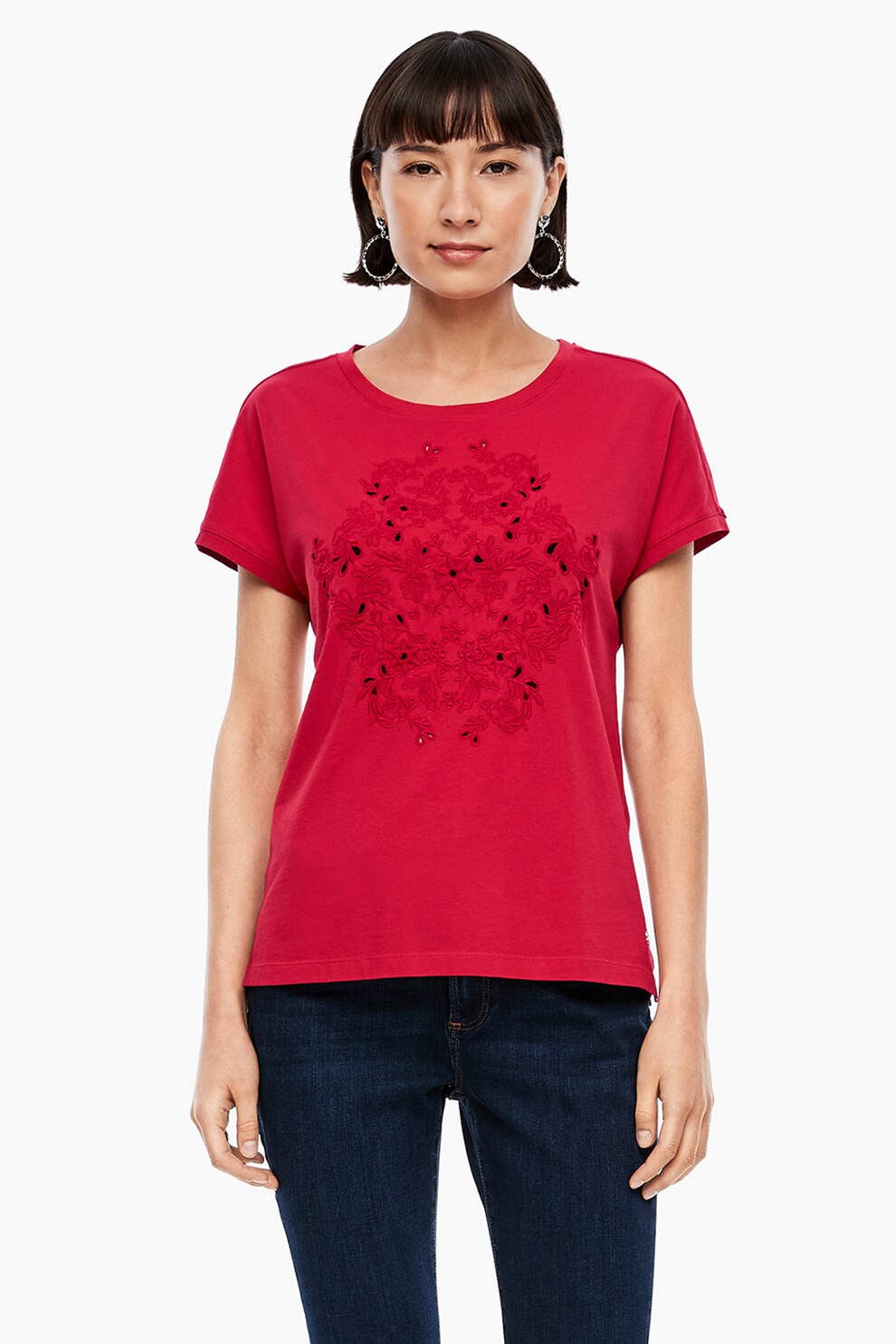 s.Oliver, Tricou cu broderie Sangallo, Rosu/Negru