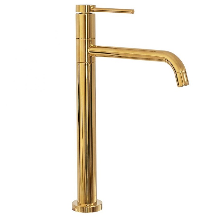 Смесител EGO Interiors Lugano Gold Slim High, За умивалник, Монтаж на плот, Въртяща се на 360 градуса глава, Гланц, Златист