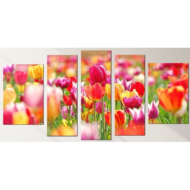 Set Tablou DualView Startonight Lalele, 5 piese, luminos in intuneric, 90 x 180 cm (1 piesa 30 x 90 cm, 2 piese 30 x 80 cm, 2 piese 40 x 60 cm)