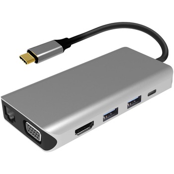 Adaptor multiport PNI MP10 USB-C la HDMI, VGA, 3 x USB 3.0, SD/TF, RJ45, audio 3.5, USB-C PD, 10 iesiri Adaptor multiport PNI MP10 USB-C la HDMI, VGA, 3 x USB 3.0, SD/TF, RJ45, audio 3.5, USB-C PD, 10 iesiri