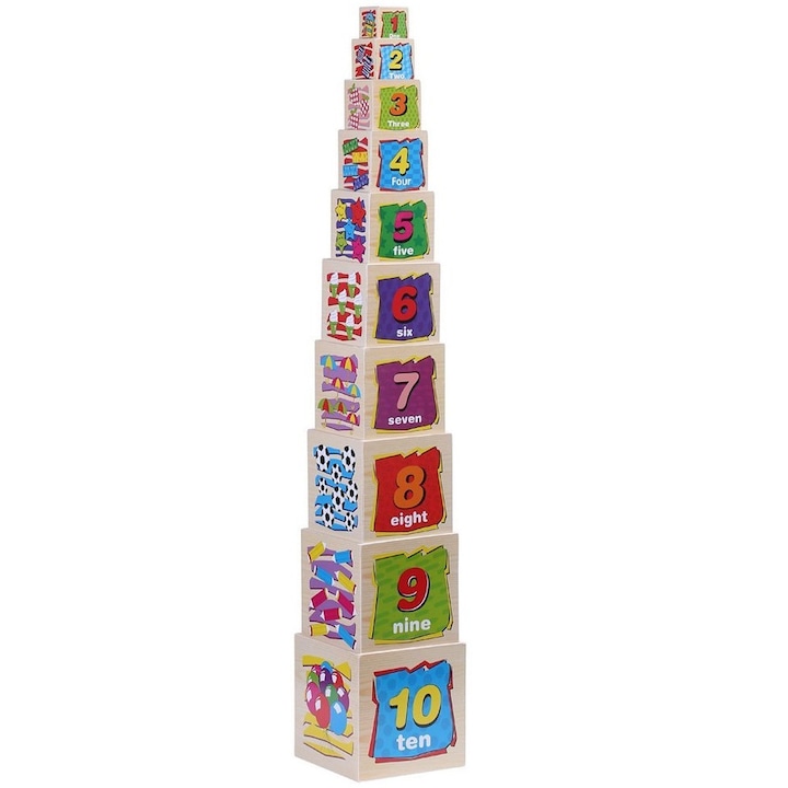 Дървена Монтесори кула 10 кубчета Числа и животни, Toyska®