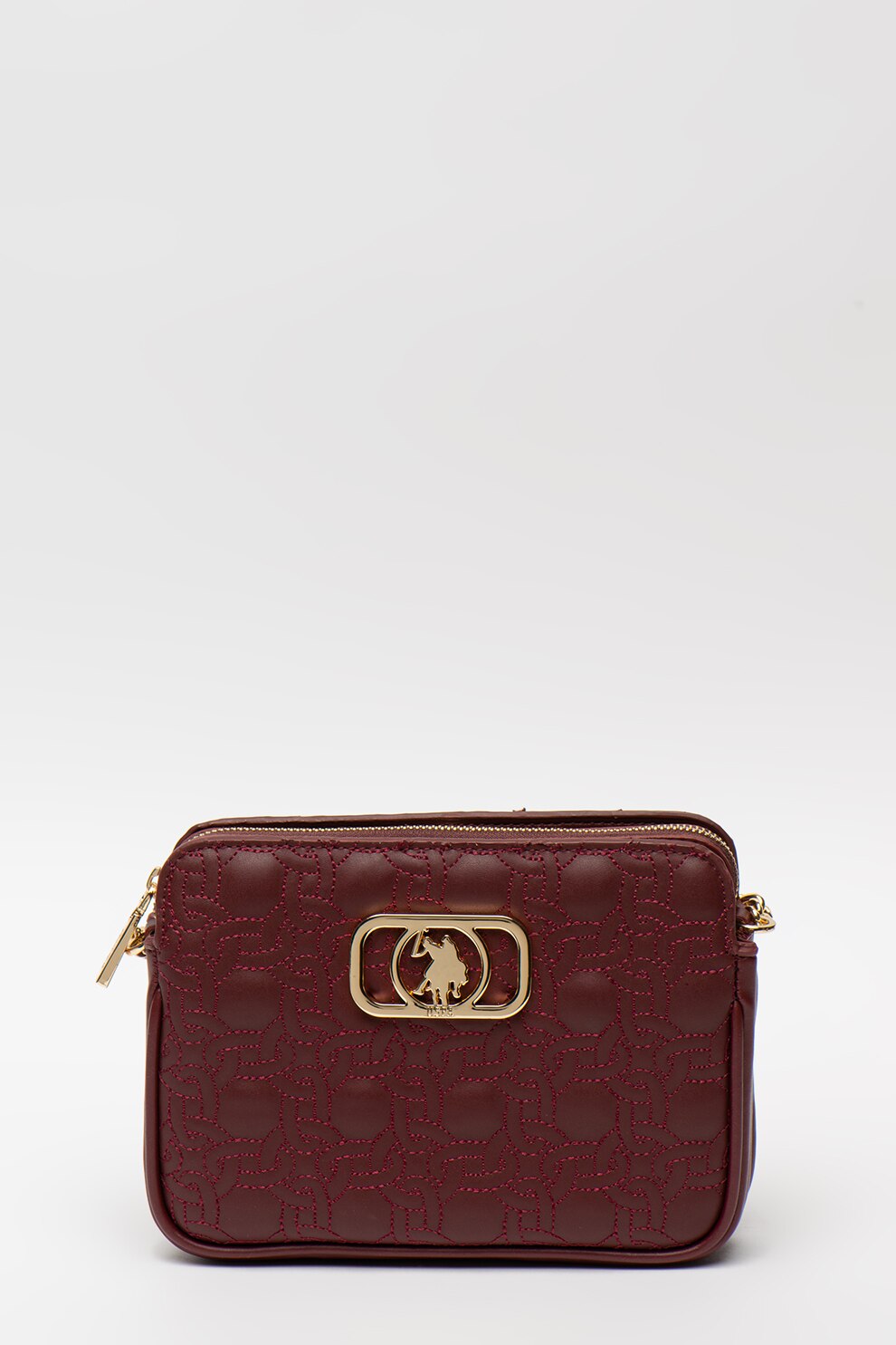 U.S. Polo Assn., Geanta crossbody de piele ecologica cu aplicatie logo metalica, Rosu Bordeaux/Auriu