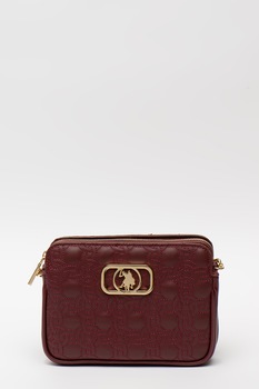 U.S. Polo Assn., Geanta crossbody de piele ecologica cu aplicatie logo metalica, Rosu Bordeaux/Auriu U.S. Polo Assn., Geanta crossbody de piele ecologica cu aplicatie logo metalica, Rosu Bordeaux/Auriu