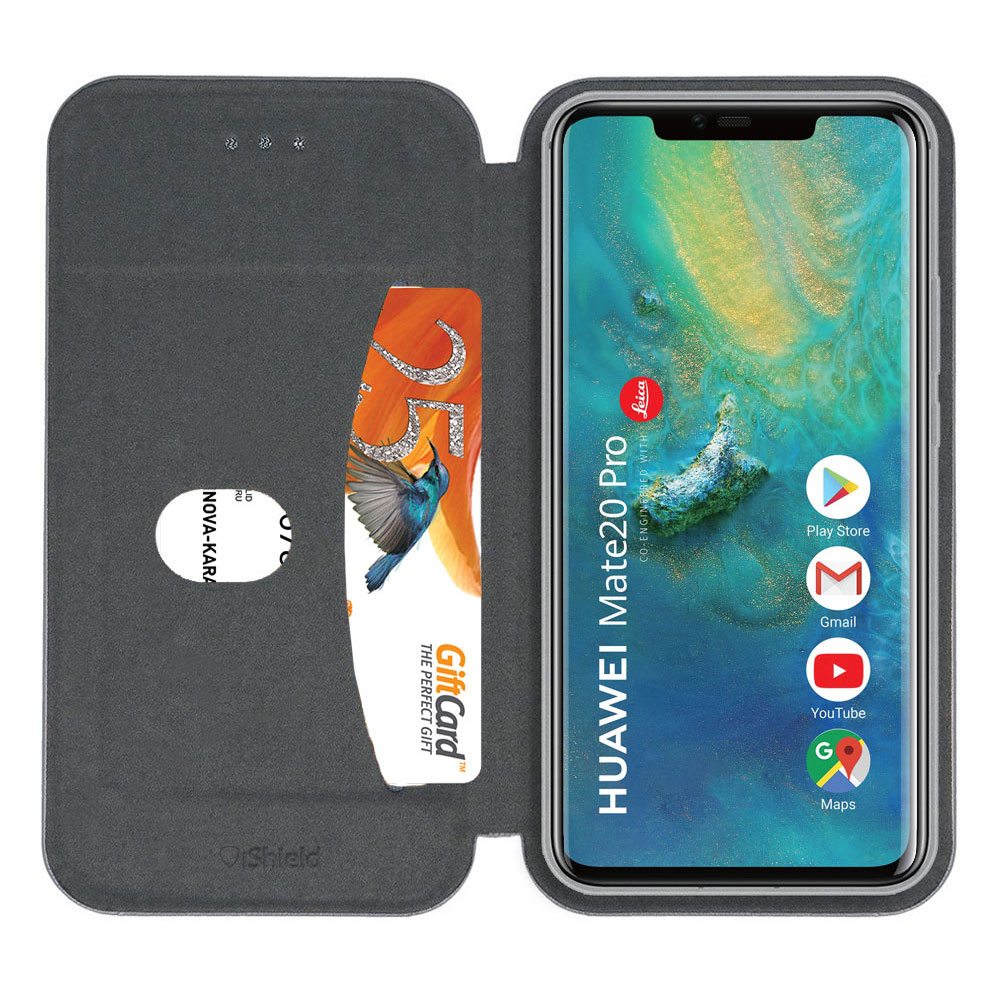 Husa flip Huawei Mate 20 Pro - carte cu magnet integrat, buzunar interior, piele eco, iShiled - Silver