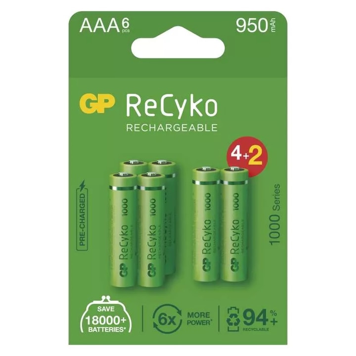 GP ReCyko NiMH Tölthető akkumulátor, HR03 (AAA) 1000mAh, 4+2db, (B2111V)
