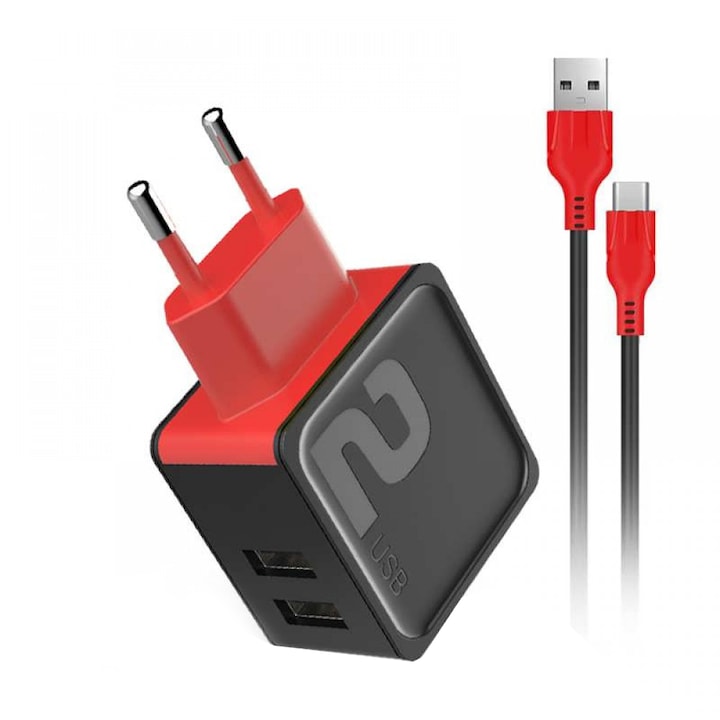 Fast Charge DM-20 2.4A 2 x USB microUSB кабел зарядно - Черно
