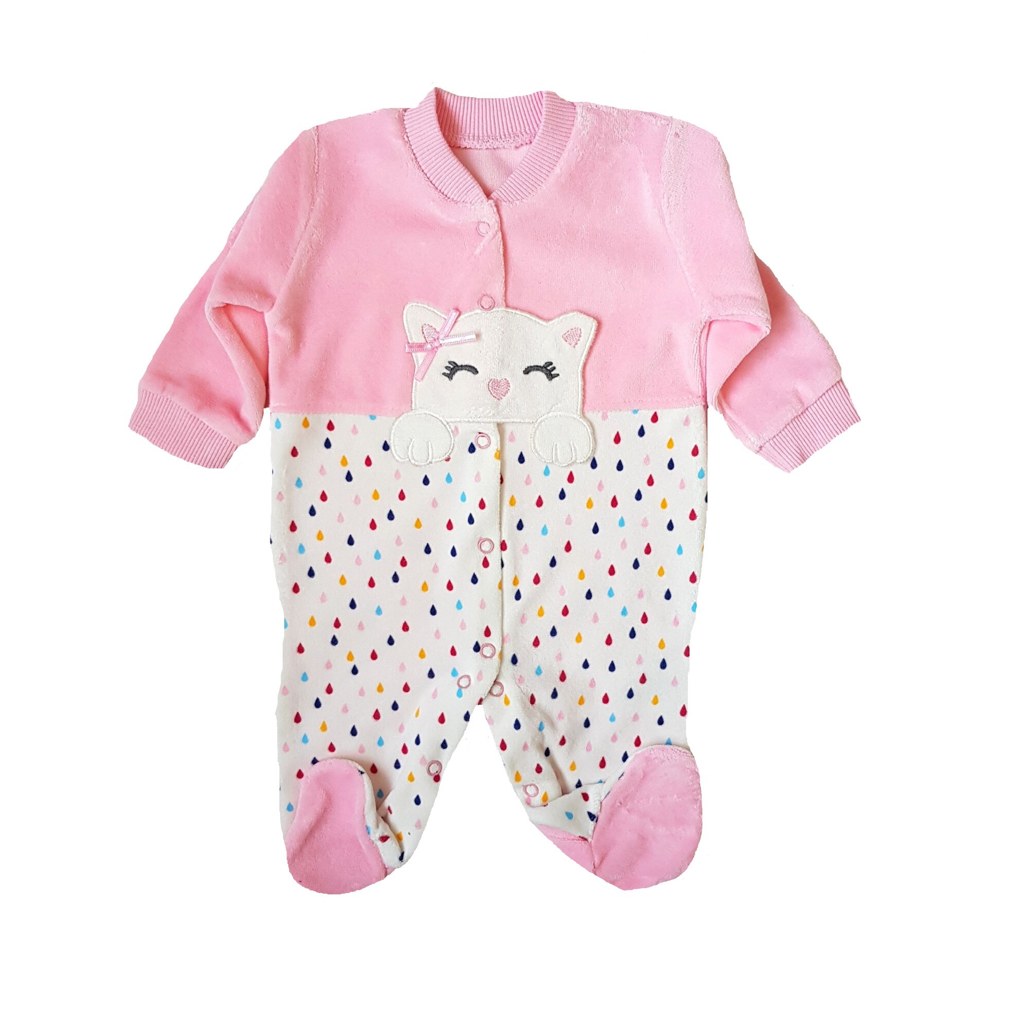 Salopeta bebe de catifea , Pisicuta, varsta 0-3 luni, 62 cm, Alb/Roz