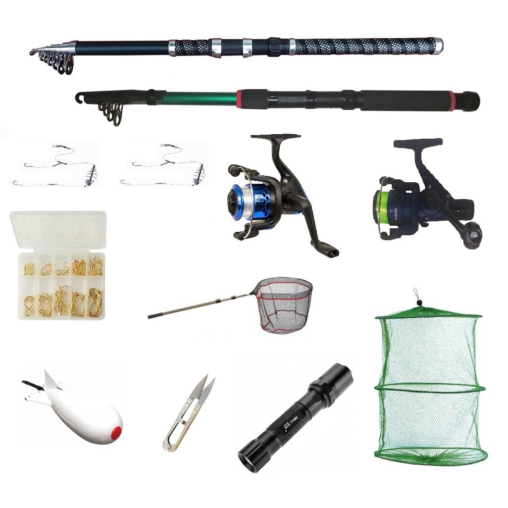 Set pescuit sportiv cu 2 lansete 2,4m, doua mulinete cu rulmenti, minciog, spomb, ace, juvelnic, lanterna led si monturi