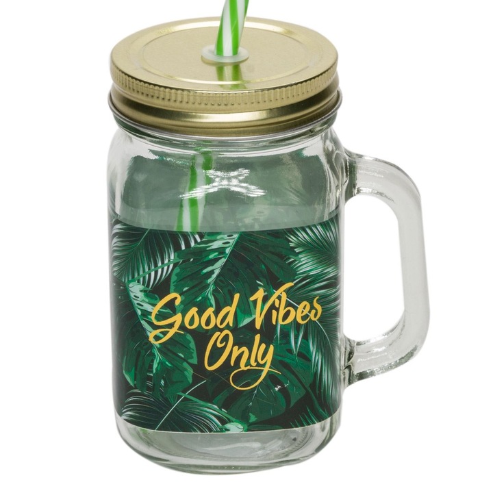 Pahar cu Capac si Pai, OffLimits, Sticla, Tip Borcan cu Maner, Imprimeu, 450 ml