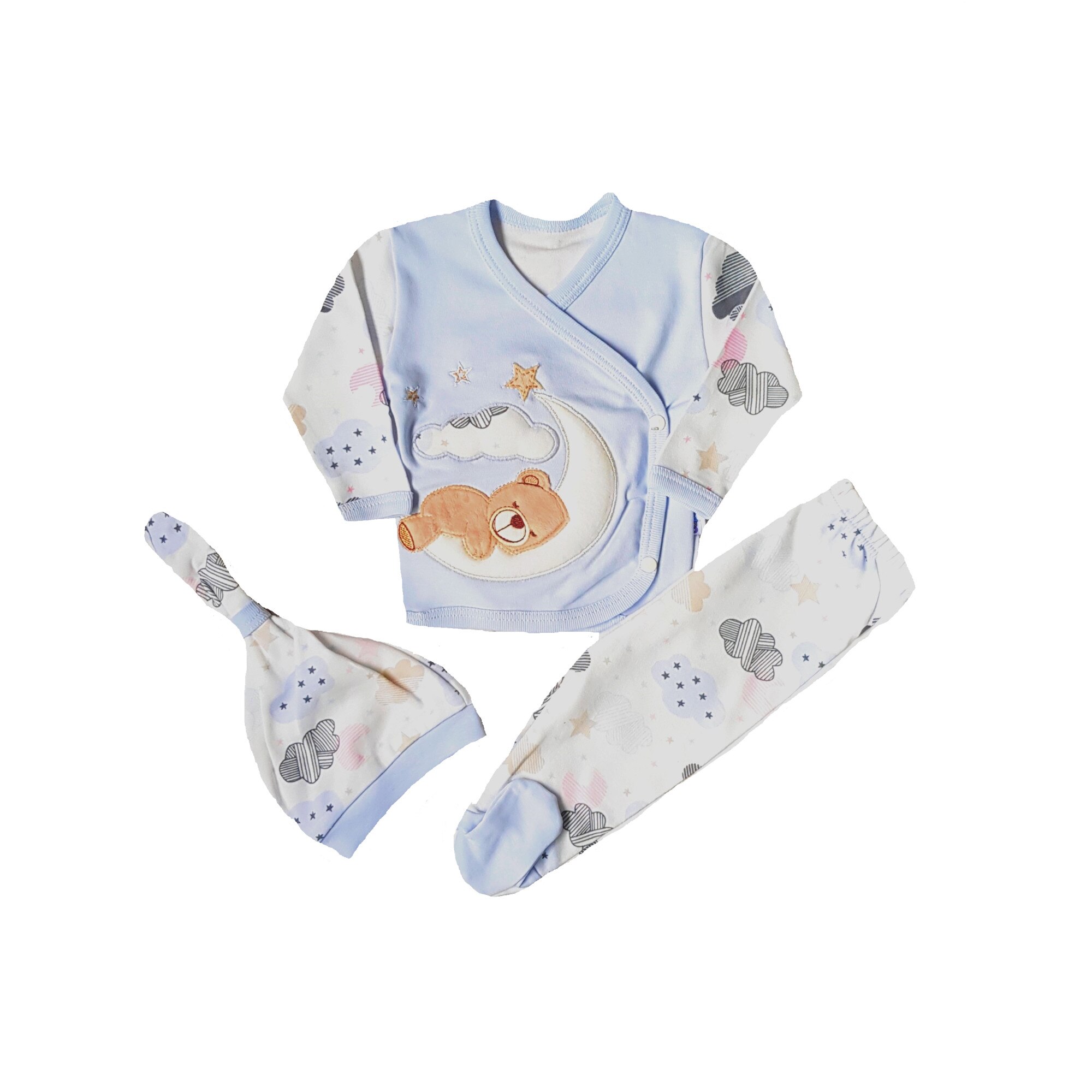 Compleu nou-nascut 3 piese, bumbac, ursulet, varsta 0-3 luni, Alb/Albastru