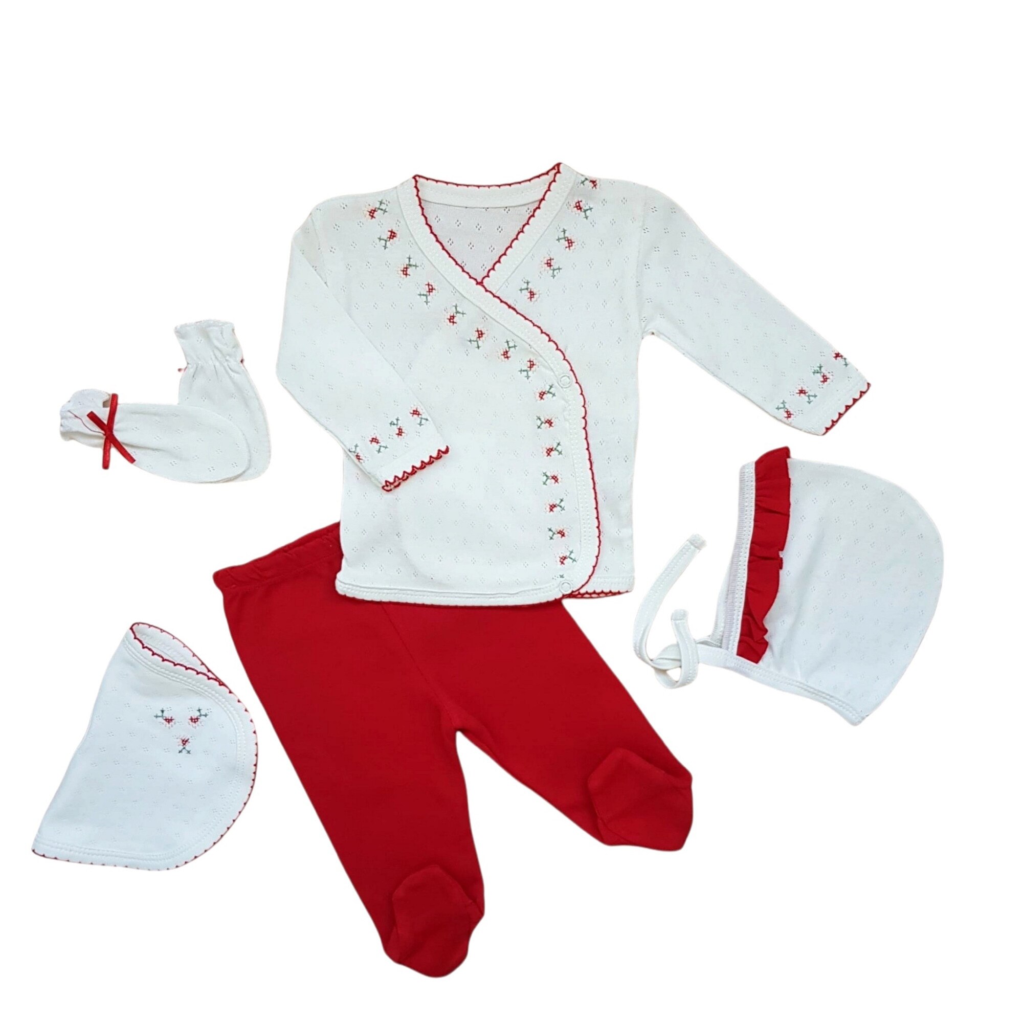 Compleu nou-nascut din 5 piese fetita, bumbac dantelat, 56 cm, Alb/Rosu