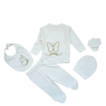 Compleu fete din 5 piese, bumbac, Fluturas, nou nascut, Alb Compleu fete din 5 piese, bumbac, Fluturas, nou nascut, Alb