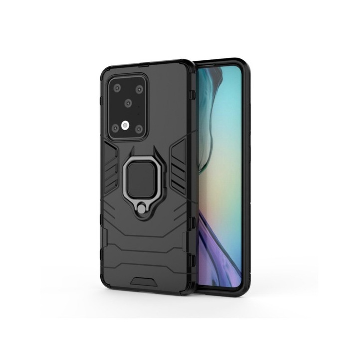 Samsung S20 Ultra / S20 Ultra 5G tok, fekete, polikarbonát és tpu, tartógyűrű, mágneses gyűrűs modell