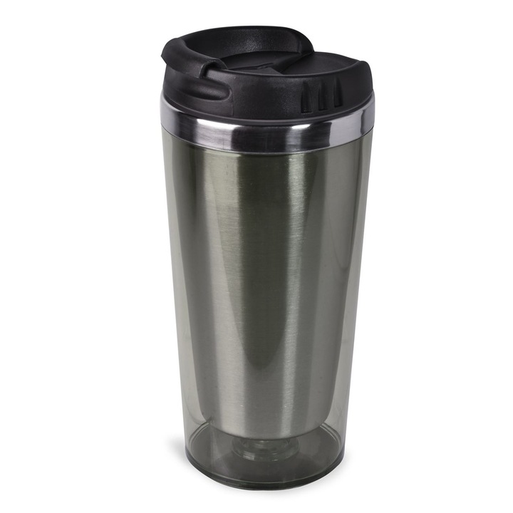 Pahar pentru cafea cu capac de plastic si perete dublu din metal Shopiens®, gri, 450 ml