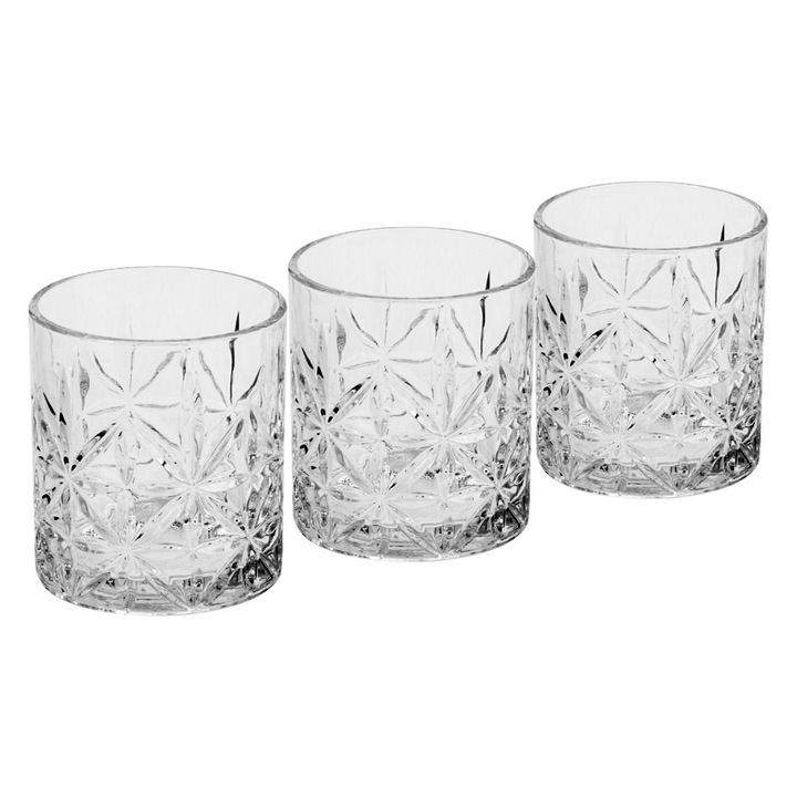 Set Pahare Whisky, OffLimits, Model cu Floare, 3 Buc,10x8 cm, Sticla, 330 ml, Transparent